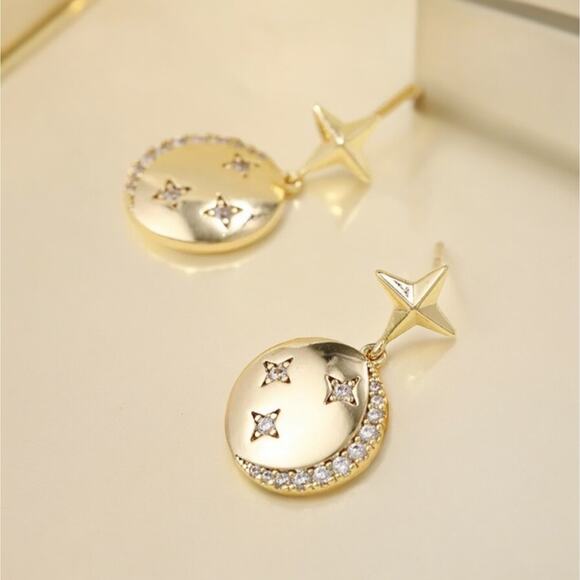 NEW 18K yellow gold plated zircon star & moon round drop earrings jewelry B19A - Picture 6 of 10